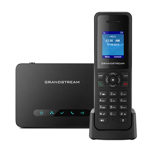 تصویر پایه تلفن بی‌سیم گرنداستریم مدل DP750 با طراحی مشکی، نشانگرهای LED وضعیت، پورت اترنت با پشتیبانی از PoE، مناسب برای ایجاد سیستم‌های تلفنی بی‌سیم در محیط‌های تجاری و خانگی.​