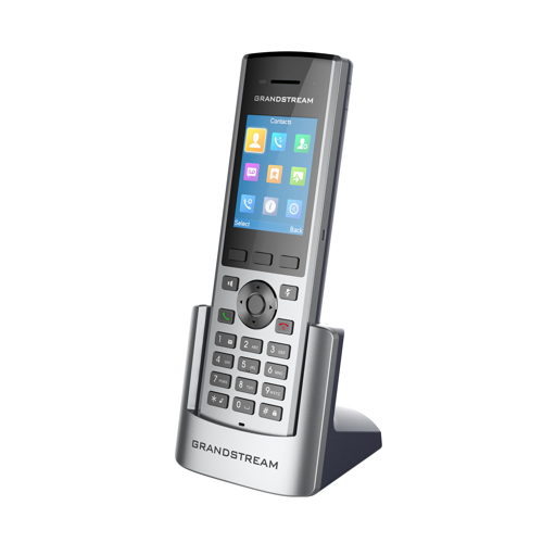 تصویر تلفن بی‌سیم گرنداستریم مدل DP722 با طراحی مشکی، صفحه‌نمایش رنگی 1.8 اینچی، دکمه‌های فیزیکی و پایه شارژ، مناسب برای محیط‌های کاری و خانگی.​