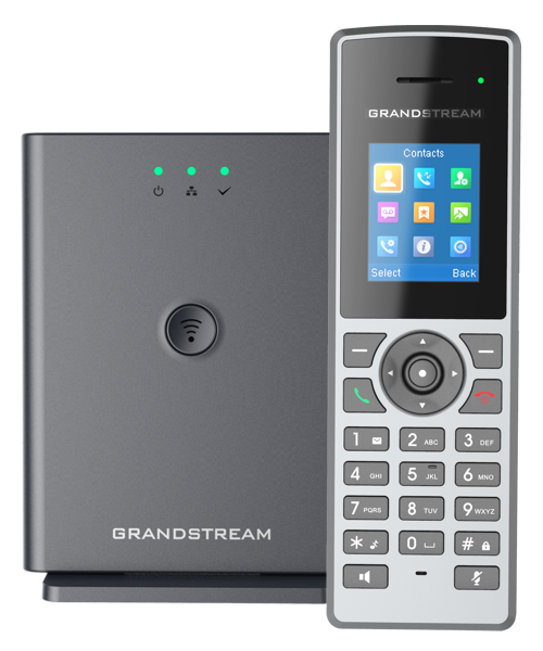 تصویر پایه تلفن بی‌سیم گرنداستریم مدل DP752 با طراحی مشکی، نشانگرهای LED وضعیت، پورت اترنت با پشتیبانی از PoE، مناسب برای ایجاد سیستم‌های تلفنی بی‌سیم در محیط‌های تجاری و خانگی.​