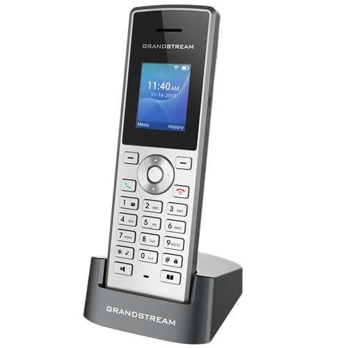 تصویر تلفن بی‌سیم گرنداستریم مدل WP810 با طراحی مشکی، صفحه‌نمایش رنگی 1.8 اینچی، دکمه‌های فیزیکی و پایه شارژ، مناسب برای محیط‌های کاری و خانگی.​
