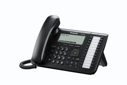 تصویر تلفن تحت شبکه پاناسونیک مدل KX-UT113 با طراحی مشکی، صفحه‌نمایش 3 خطی، دکمه‌های فیزیکی و پایه رومیزی، مناسب برای دفاتر کاری و محیط‌های تجاری.​