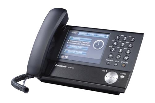 تصویر تلفن تحت شبکه پاناسونیک مدل KX-NT400 با طراحی مشکی، صفحه‌نمایش لمسی رنگی 5.7 اینچی، قابلیت ادغام با دوربین‌های IP، مناسب برای دفاتر و سازمان‌های هوشمند.