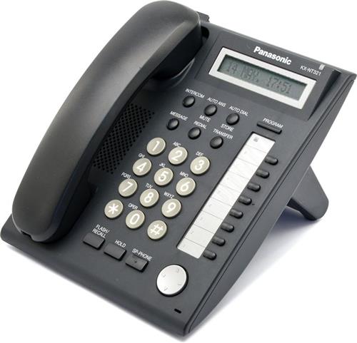 تصویر تلفن تحت شبکه پاناسونیک مدل KX-NT321 با طراحی مشکی، صفحه‌نمایش تک‌خطی با نور پس‌زمینه، 8 کلید قابل برنامه‌ریزی و بلندگوی دیجیتال، مناسب برای دفاتر کاری و محیط‌های تجاری.