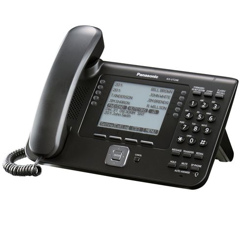تصویر تلفن تحت شبکه پاناسونیک مدل KX-UT248 با طراحی مشکی، صفحه‌نمایش 4.4 اینچی تک‌رنگ با نور پس‌زمینه سفید، 24 کلید قابل برنامه‌ریزی با قابلیت برچسب‌گذاری خودکار و بلندگوی دیجیتال، مناسب برای دفاتر کا