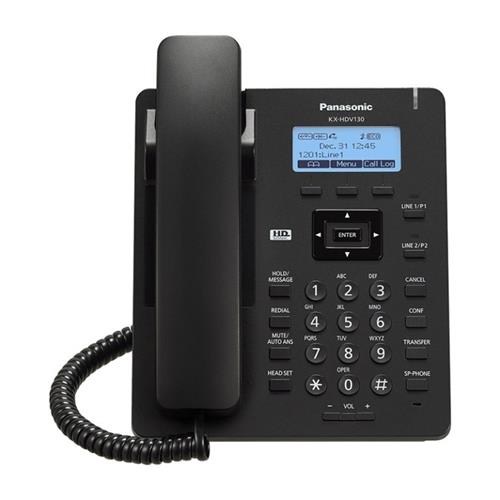 تصویر تلفن تحت شبکه پاناسونیک مدل KX-HDV330 با طراحی مشکی، صفحه‌نمایش 4.3 اینچی رنگی با پنل لمسی، 24 کلید قابل برنامه‌ریزی با قابلیت برچسب‌گذاری خودکار و بلندگوی دیجیتال، مناسب برای دفاتر کاری و محیط‌
