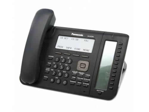 تصویر تلفن تحت شبکه پاناسونیک مدل KX-NT556 با طراحی مشکی، صفحه‌نمایش 6 خطی گرافیکی با نور پس‌زمینه، 36 کلید قابل برنامه‌ریزی با قابلیت برچسب‌گذاری خودکار و بلندگوی دیجیتال، مناسب برای دفاتر کاری و محی