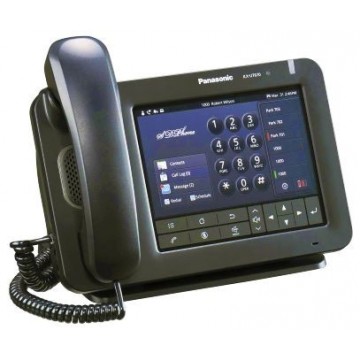 تصویر تلفن تحت شبکه پاناسونیک مدل KX-UT670 با طراحی مشکی، صفحه‌نمایش 7 اینچی رنگی لمسی، 24 کلید قابل برنامه‌ریزی با قابلیت برچسب‌گذاری خودکار و بلندگوی دیجیتال، مناسب برای دفاتر کاری و محیط‌های تجاری.