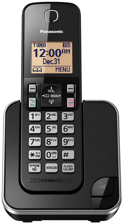 تلفن بی‌سیم پاناسونیک مدل KX-TGC350B با طراحی ساده، نمایشگر با نور پس‌زمینه کهربایی و قابلیت مسدودسازی تماس‌های مزاحم، مناسب برای استفاده در منازل و دفاتر کوچک.​