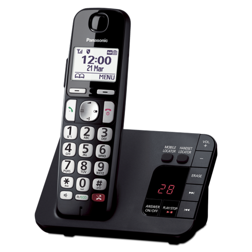 تلفن بی‌سیم پاناسونیک مدل KX-TGE820E با طراحی ساده و صفحه‌کلید بزرگ، مناسب برای استفاده در منازل و دفاتر کوچک.​