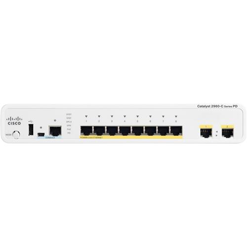 نمای روبرو و پشت سوئیچ سیسکو مدل Cisco Catalyst 2960C-8PC-L با ۸ پورت PoE و ۲ پورت فیبر نوری، مناسب شبکه‌های حرفه‌ای و بدون نویز در محیط‌های اداری و آموزشی
