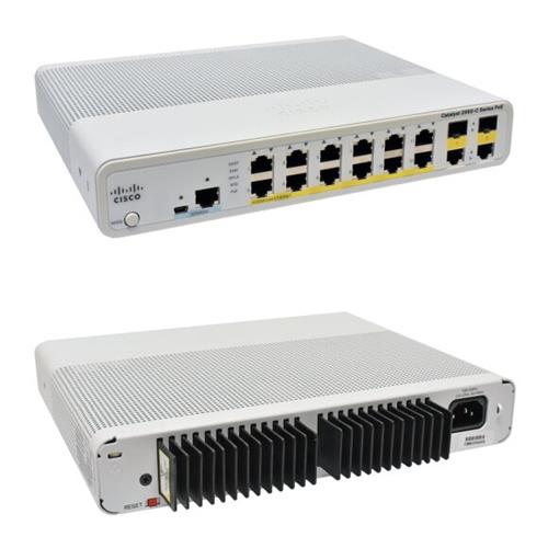 نمای روبرو و پشت سوئیچ سیسکو مدل Cisco Catalyst 2960C-12PC-L با ۱۲ پورت PoE و ۲ پورت Uplink ترکیبی، مناسب برای شبکه‌های حرفه‌ای و محیط‌های حساس به صدا