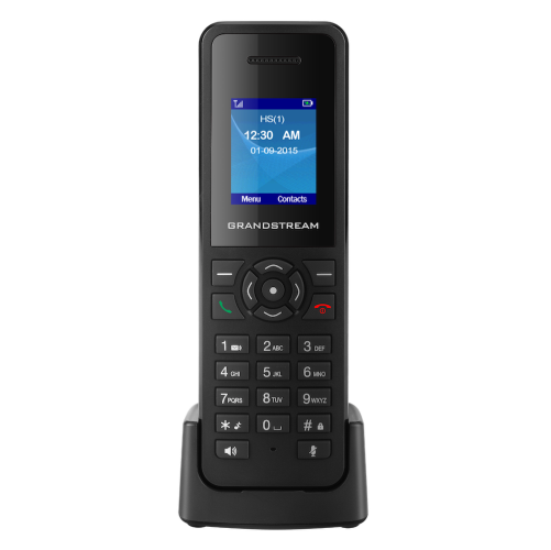 تصویر تلفن بی‌سیم گرنداستریم مدل DP720 با طراحی مشکی، صفحه‌نمایش رنگی 1.8 اینچی، دکمه‌های فیزیکی و پایه شارژ، مناسب برای محیط‌های کاری و خانگی.​