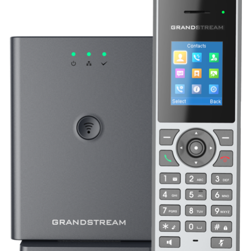 تصویر پایه تلفن بی‌سیم گرنداستریم مدل DP752 با طراحی مشکی، نشانگرهای LED وضعیت، پورت اترنت با پشتیبانی از PoE، مناسب برای ایجاد سیستم‌های تلفنی بی‌سیم در محیط‌های تجاری و خانگی.​