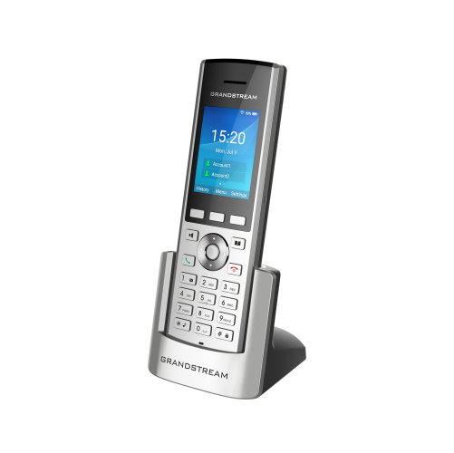 تصویر تلفن بی‌سیم گرنداستریم مدل WP820 با طراحی مشکی، صفحه‌نمایش رنگی 2.4 اینچی، دکمه‌های فیزیکی و پایه شارژ، مناسب برای محیط‌های کاری و خانگی.​