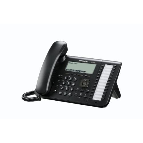 تصویر تلفن تحت شبکه پاناسونیک مدل KX-UT113 با طراحی مشکی، صفحه‌نمایش 3 خطی، دکمه‌های فیزیکی و پایه رومیزی، مناسب برای دفاتر کاری و محیط‌های تجاری.​