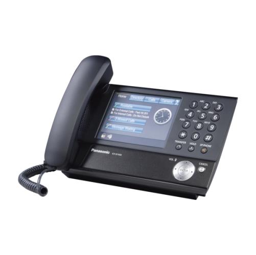 تصویر تلفن تحت شبکه پاناسونیک مدل KX-NT400 با طراحی مشکی، صفحه‌نمایش لمسی رنگی 5.7 اینچی، قابلیت ادغام با دوربین‌های IP، مناسب برای دفاتر و سازمان‌های هوشمند.