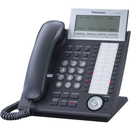 تصویر تلفن تحت شبکه پاناسونیک مدل KX-NT346 با طراحی مشکی، صفحه‌نمایش 6 خطی با نور پس‌زمینه، 24 کلید قابل برنامه‌ریزی و بلندگوی دیجیتال، مناسب برای دفاتر کاری و محیط‌های تجاری.