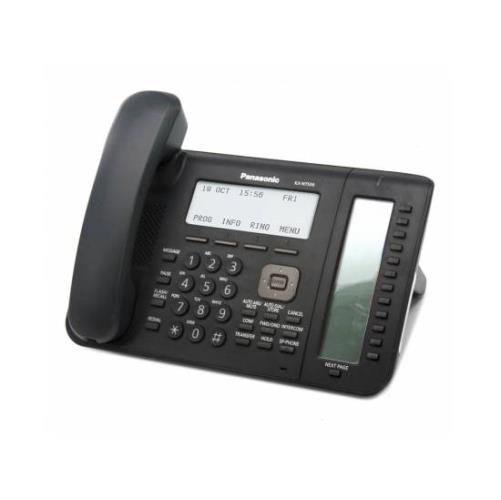 تصویر تلفن تحت شبکه پاناسونیک مدل KX-NT556 با طراحی مشکی، صفحه‌نمایش 6 خطی گرافیکی با نور پس‌زمینه، 36 کلید قابل برنامه‌ریزی با قابلیت برچسب‌گذاری خودکار و بلندگوی دیجیتال، مناسب برای دفاتر کاری و محی
